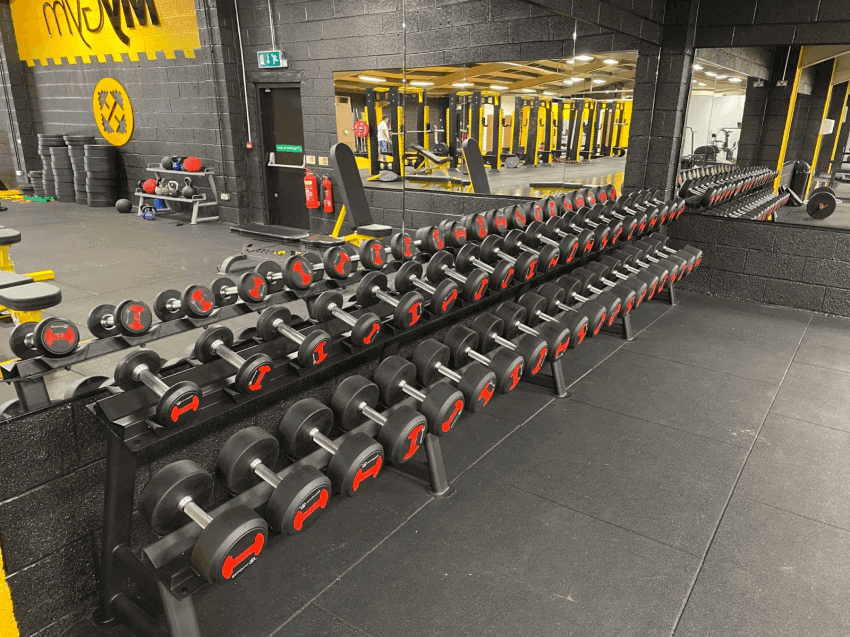 A wide choice of dumbbells on display