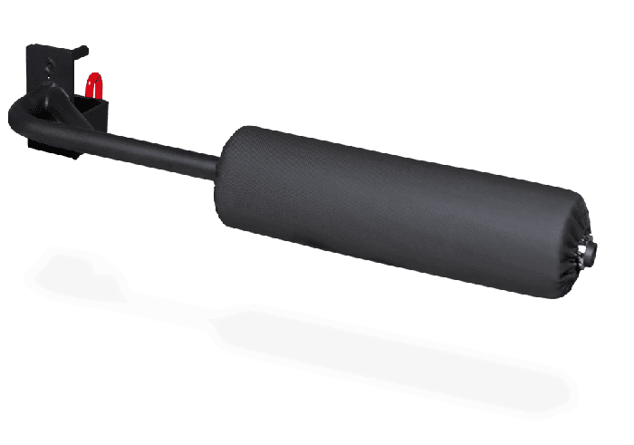 Rack-mounted leg roller pinning the legs for lunges and Nordic curls