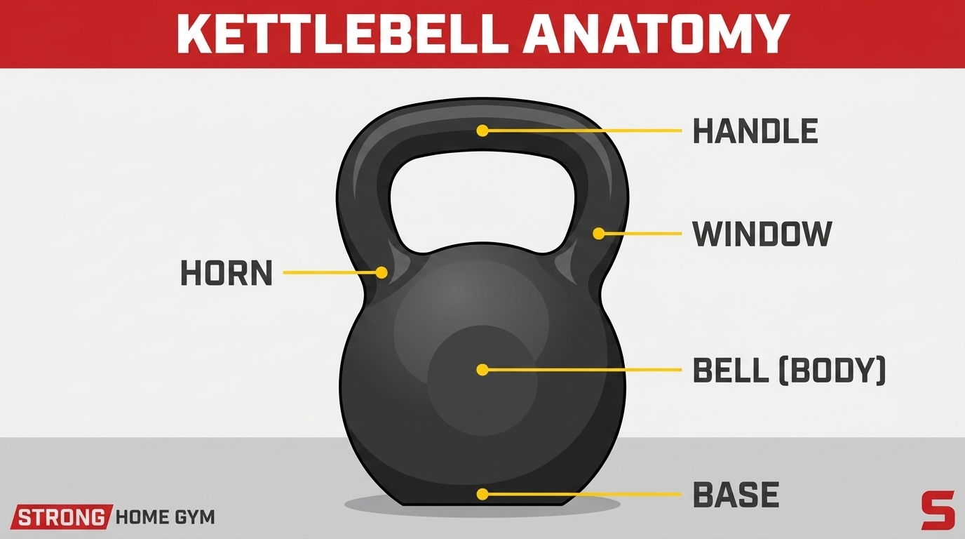 Kettlebell anatomy diagram — handle, horn, window, bell body, base
