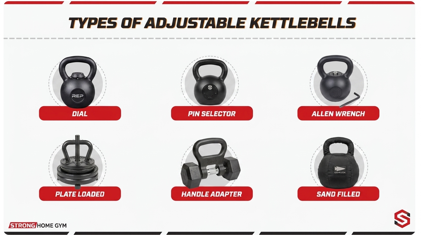 Six types of adjustable kettlebells: dial, pin-selector, Allen wrench, plate-loaded, handle adapter, sand-filled