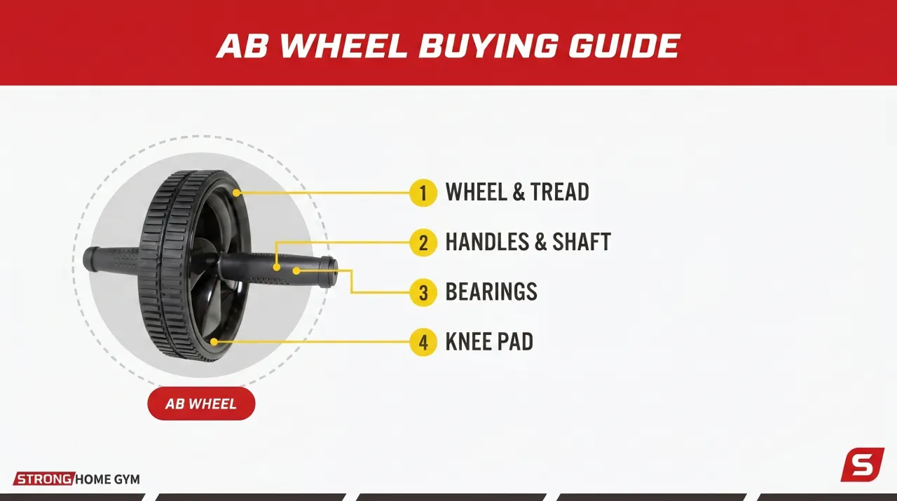 Ab wheel buying guide showing the wheel, tread, handles, and shaft to check before buying