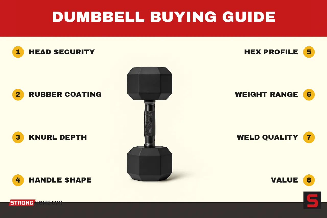 Dumbbell Buying Guide showing what to check before buying: head security, rubber coating, knurl depth, handle shape, hex profile, weight range, weld quality, value