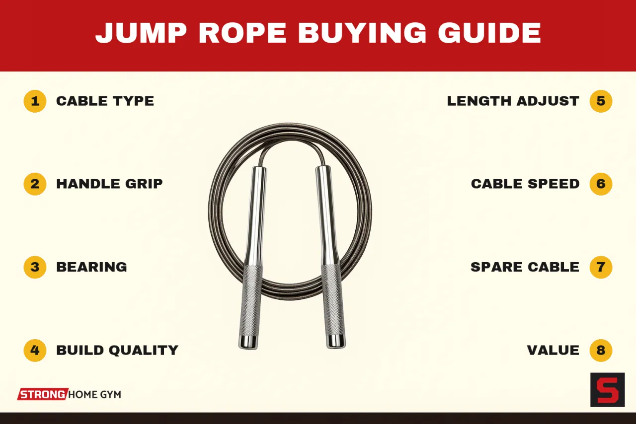 Jump Rope Buying Guide showing what to check before buying: cable type, handle grip, bearing, build quality, length adjust, cable speed, spare cable, value