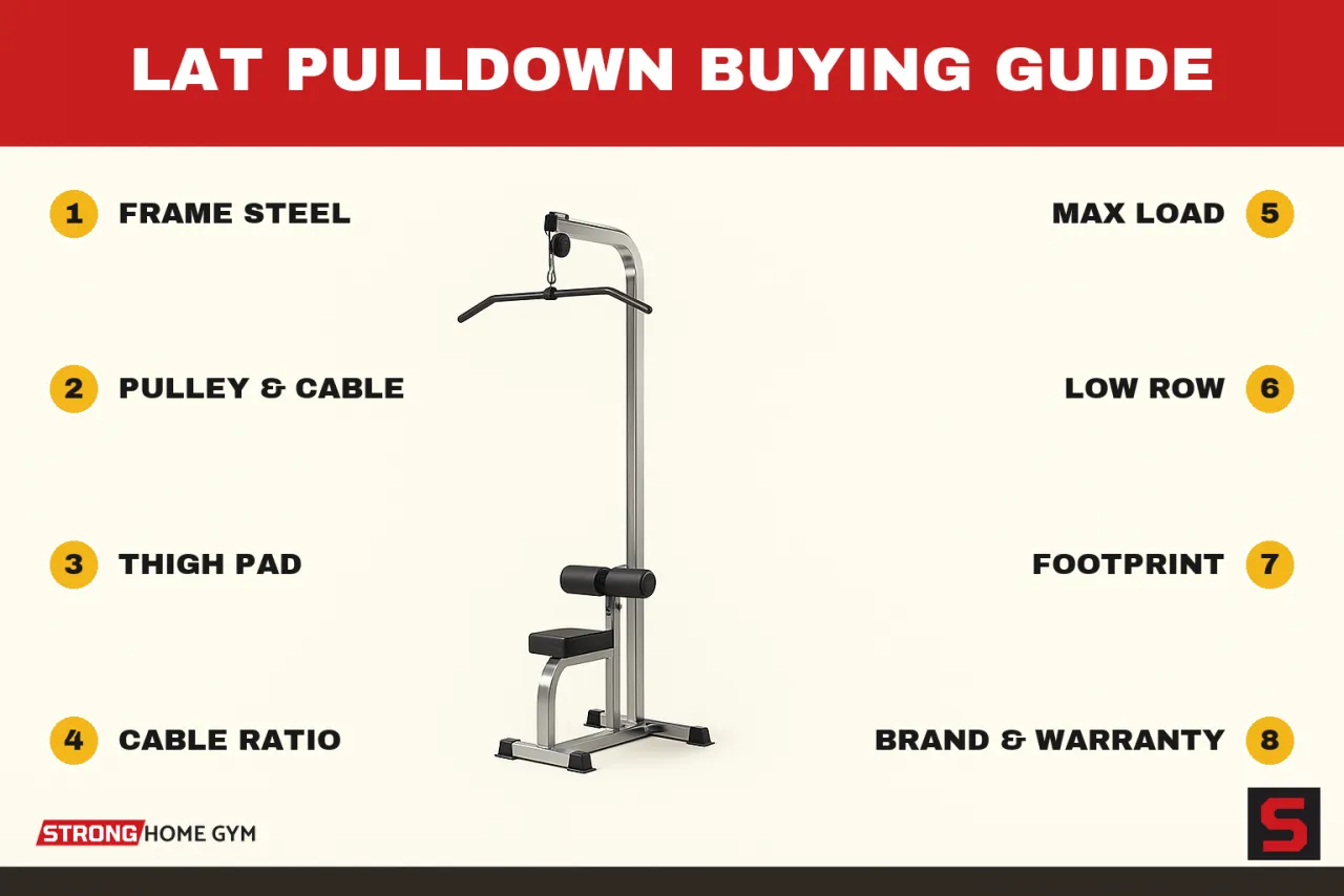 Lat Pulldown Buying Guide showing what to check before buying: frame steel, pulley & cable, thigh pad, cable ratio, max load, low row, footprint, brand & warranty