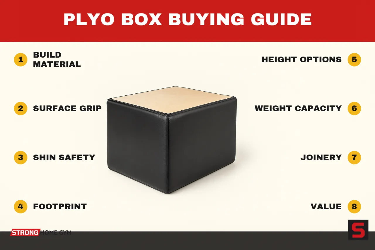 Plyo Box Buying Guide showing what to check before buying: build material, surface grip, shin safety, footprint, height options, weight capacity, joinery, value