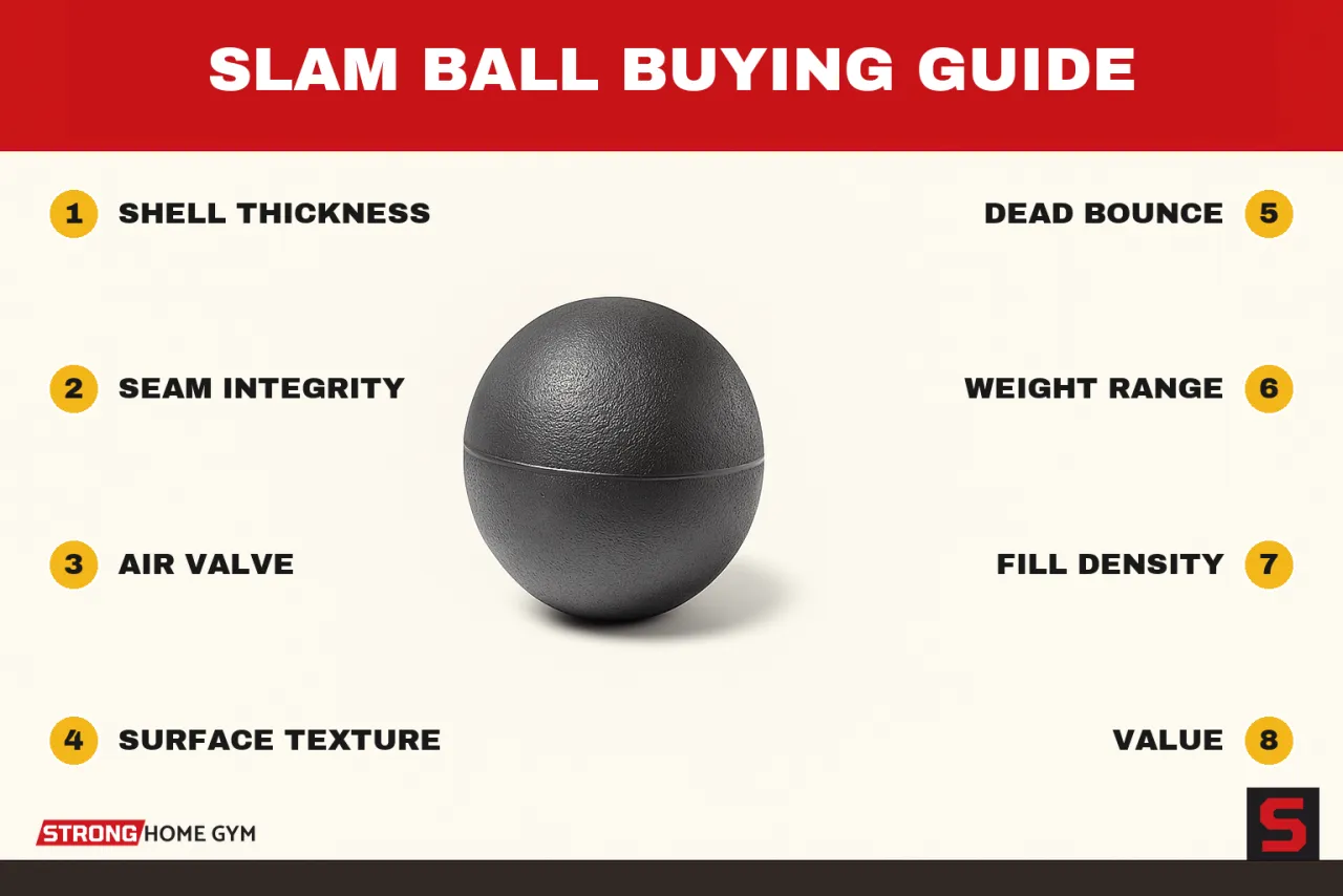 Slam Ball Buying Guide showing what to check before buying: shell thickness, seam integrity, air valve, surface texture, dead bounce, weight range, fill density, value
