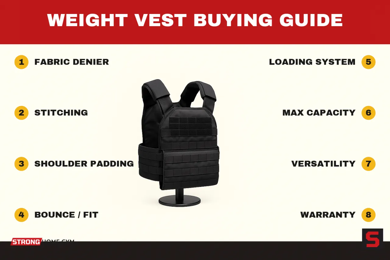 Weight Vest Buying Guide showing what to check before buying: fabric denier, stitching, shoulder padding, bounce / fit, loading system, max capacity, versatility, warranty
