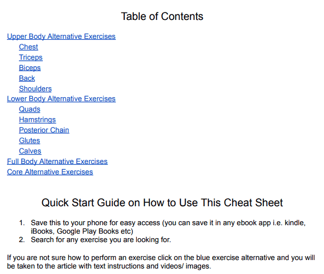 Cheat sheet table of contents